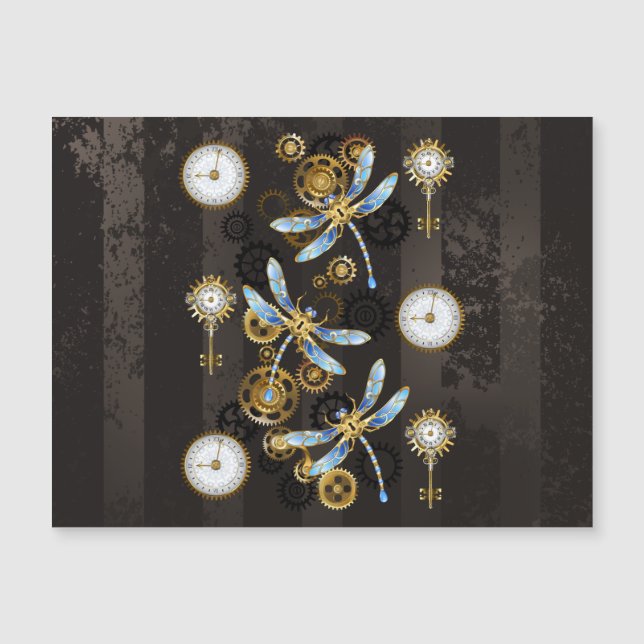 Steampunk Dragonflies on brown striped background Magnetic Invitation (Front)