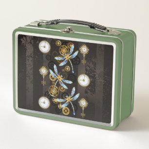 Steampunk Dragonflies on brown striped background Metal Lunch Box