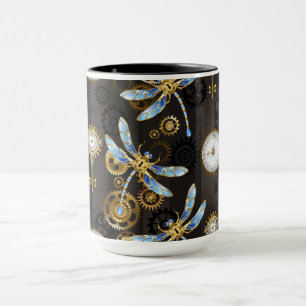 Steampunk Dragonflies on brown striped background Mug