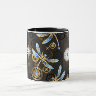 Steampunk Dragonflies on brown striped background Mug