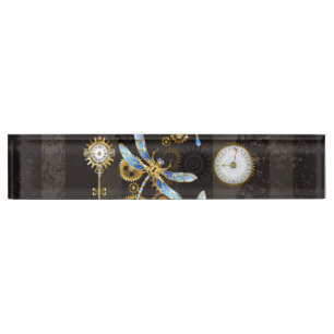 Steampunk Dragonflies on brown striped background Nameplate