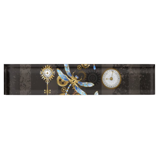 Steampunk Dragonflies on brown striped background Nameplate (Front)