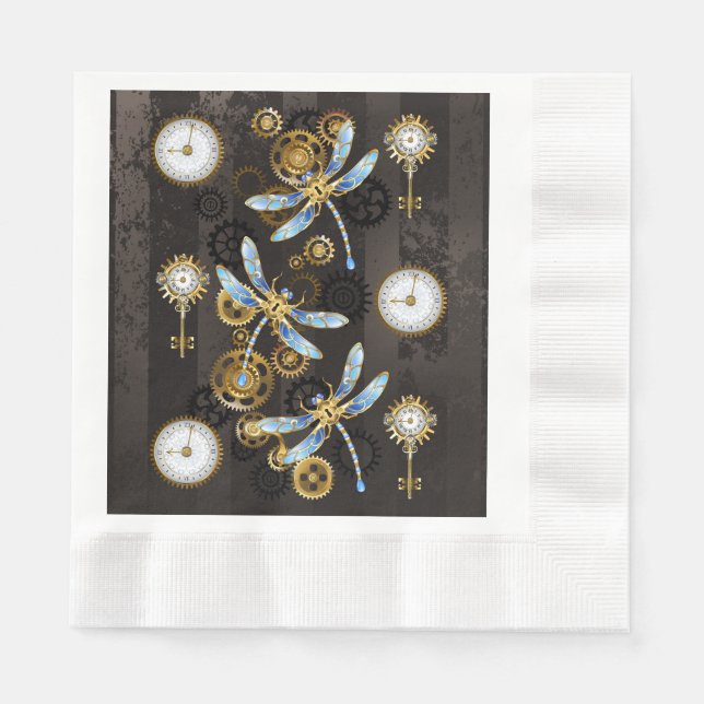 Steampunk Dragonflies on brown striped background Napkin (Front)