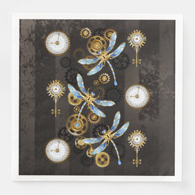 Steampunk Dragonflies on brown striped background Napkin (Front)