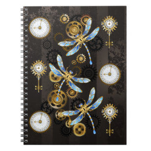 Steampunk Dragonflies on brown striped background Notebook