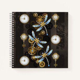 Steampunk Dragonflies on brown striped background Notebook