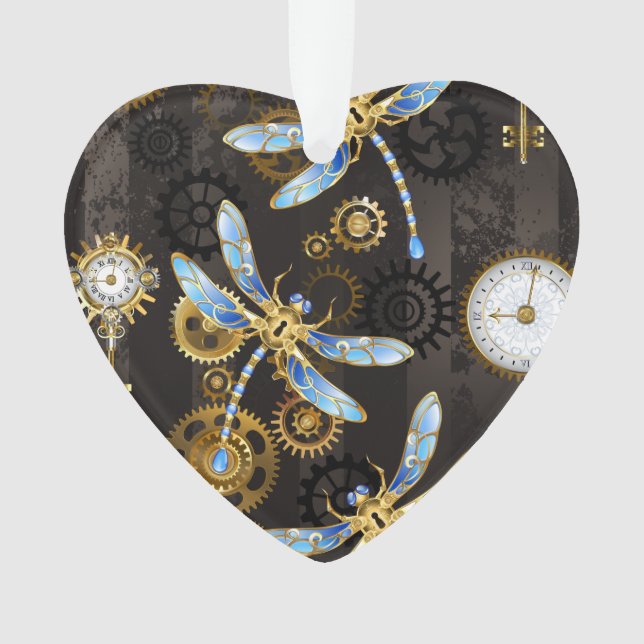 Steampunk Dragonflies on brown striped background Ornament (Front)