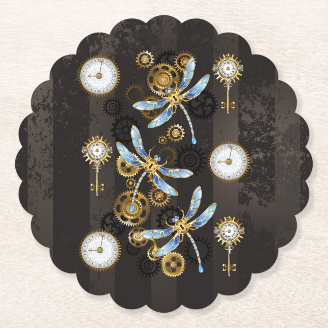 Steampunk Dragonflies on brown striped background Paper Coaster (Front)