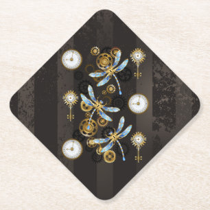 Steampunk Dragonflies on brown striped background Paper Coaster