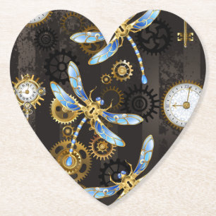 Steampunk Dragonflies on brown striped background Paper Coaster