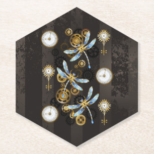 Steampunk Dragonflies on brown striped background Paper Coaster