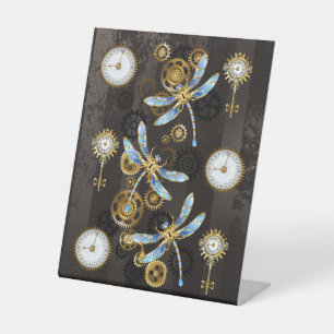Steampunk Dragonflies on brown striped background Pedestal Sign