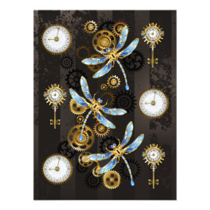 Steampunk Dragonflies on brown striped background Photo Print