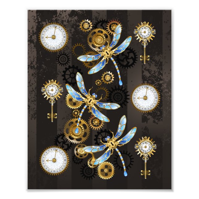 Steampunk Dragonflies on brown striped background Photo Print (Front)