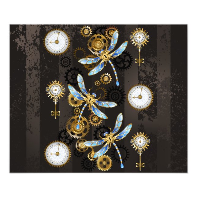 Steampunk Dragonflies on brown striped background Photo Print (Front)