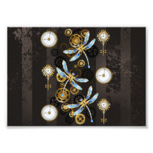 Steampunk Dragonflies on brown striped background Photo Print