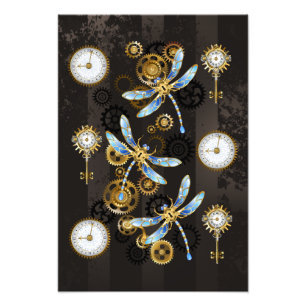 Steampunk Dragonflies on brown striped background Photo Print