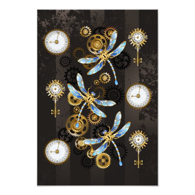 Steampunk Dragonflies on brown striped background Photo Print (Front)