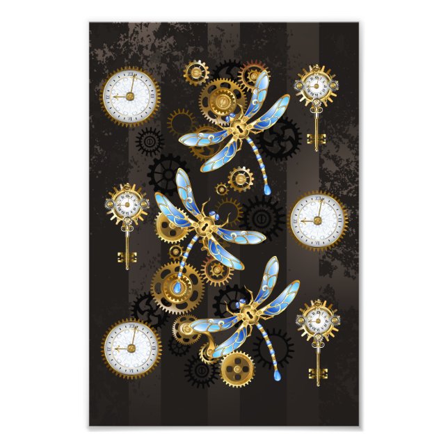 Steampunk Dragonflies on brown striped background Photo Print (Front)