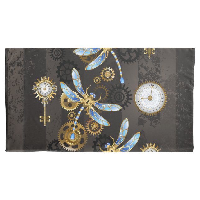 Steampunk Dragonflies on brown striped background Pillowcase (Front-Left)