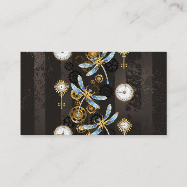 Steampunk Dragonflies on brown striped background Place Card (Front)