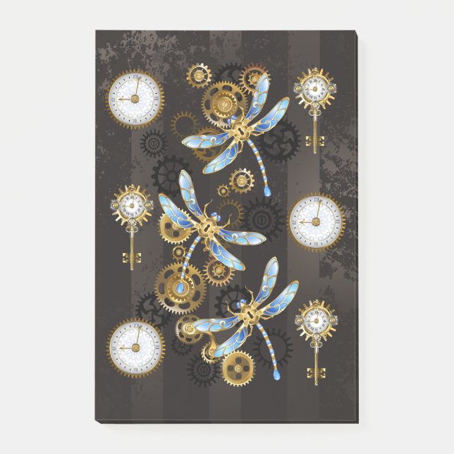 Steampunk Dragonflies on brown striped background Post-it Notes (Front)