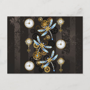 Steampunk Dragonflies on brown striped background Postcard