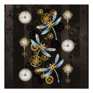 Steampunk Dragonflies on brown striped background Poster