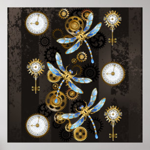 Steampunk Dragonflies on brown striped background Poster