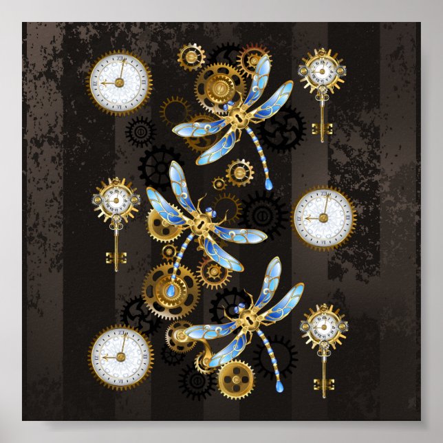 Steampunk Dragonflies on brown striped background Poster (Front)