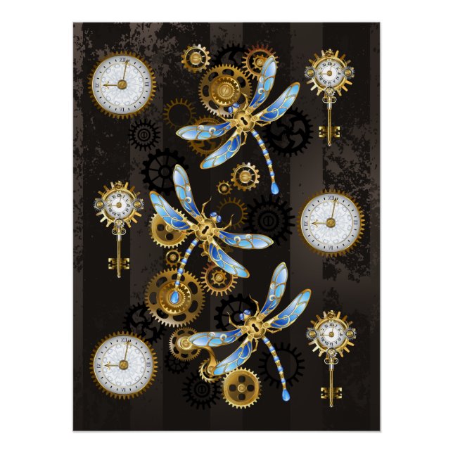 Steampunk Dragonflies on brown striped background Poster (Front)