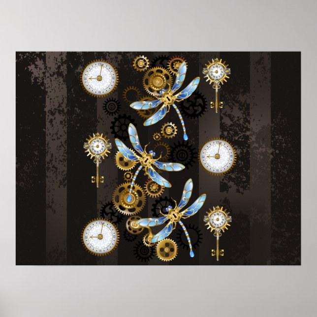 Steampunk Dragonflies on brown striped background Poster (Front)