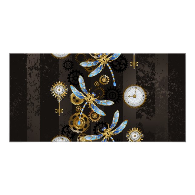 Steampunk Dragonflies on brown striped background Poster (Front)