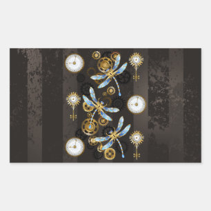 Steampunk Dragonflies on brown striped background Rectangular Sticker