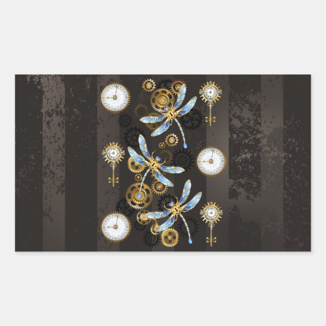 Steampunk Dragonflies on brown striped background Rectangular Sticker (Front)