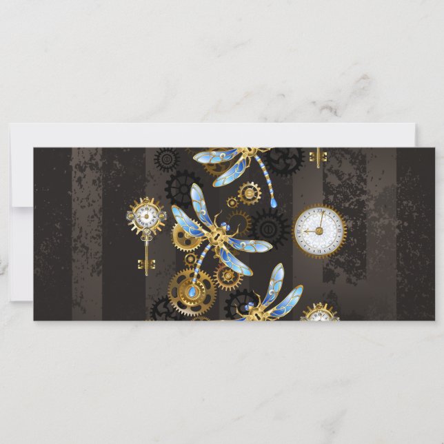 Steampunk Dragonflies on brown striped background Save The Date (Front)