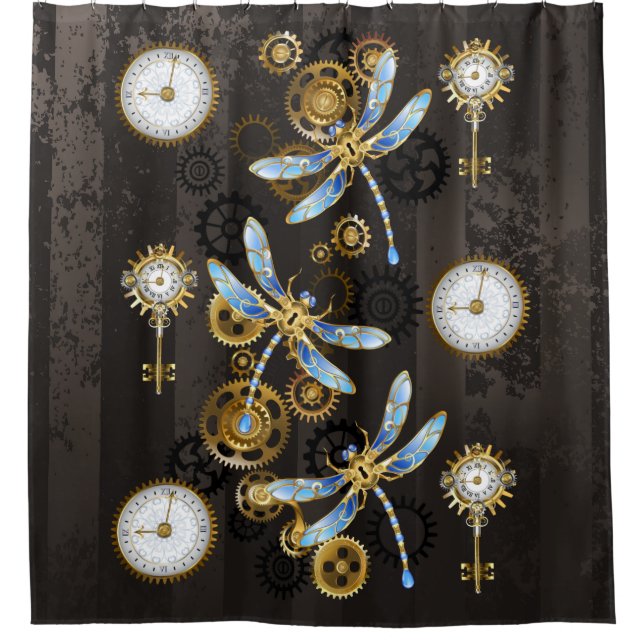 Steampunk Dragonflies on brown striped background Shower Curtain (Front)