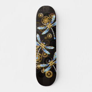 Steampunk Dragonflies on brown striped background Skateboard