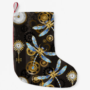 Steampunk Dragonflies on brown striped background Small Christmas Stocking