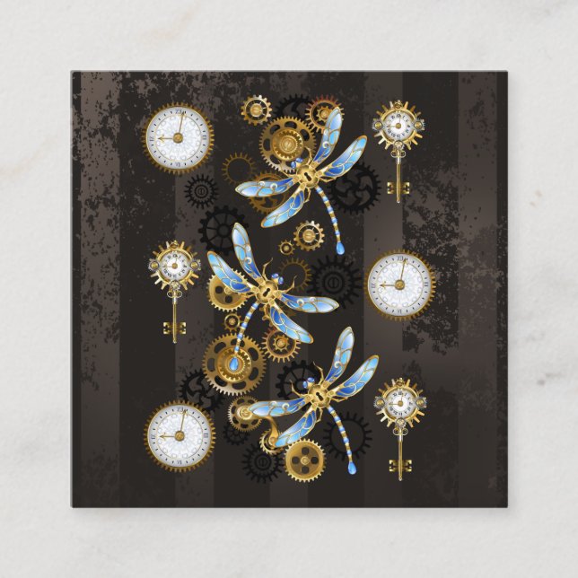 Steampunk Dragonflies on brown striped background Square Business Card (Front)
