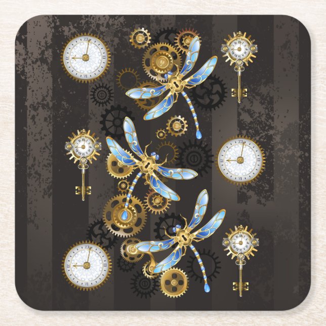 Steampunk Dragonflies on brown striped background Square Paper Coaster (Front)