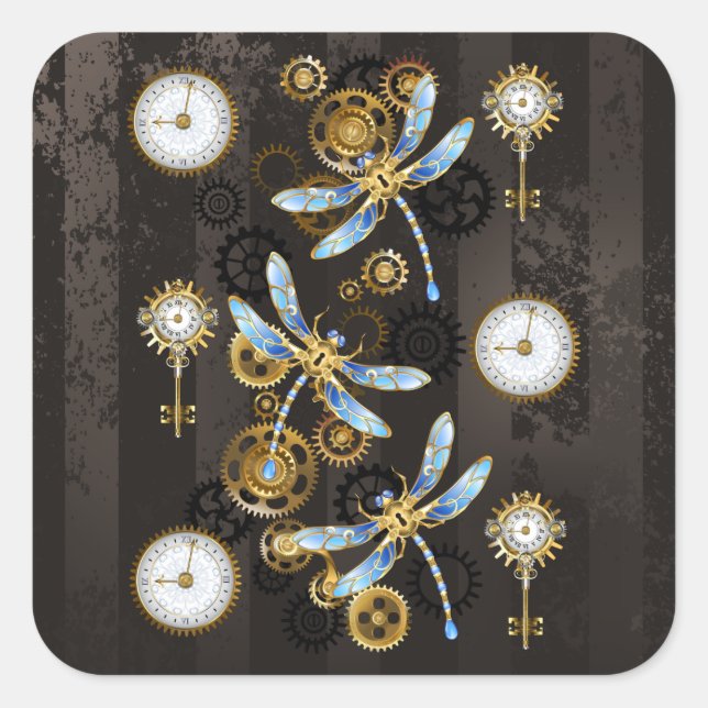 Steampunk Dragonflies on brown striped background Square Sticker (Front)