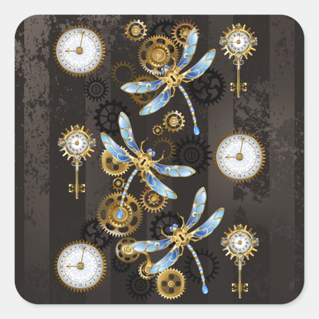 Steampunk Dragonflies on brown striped background Square Sticker (Front)