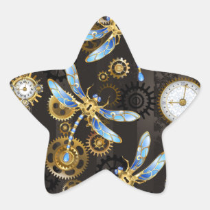 Steampunk Dragonflies on brown striped background Star Sticker