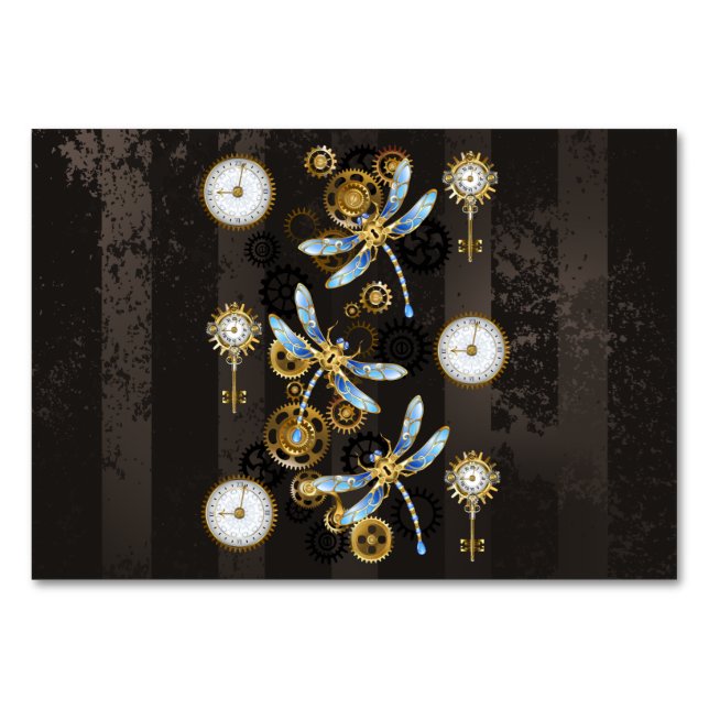 Steampunk Dragonflies on brown striped background Table Number (Front)