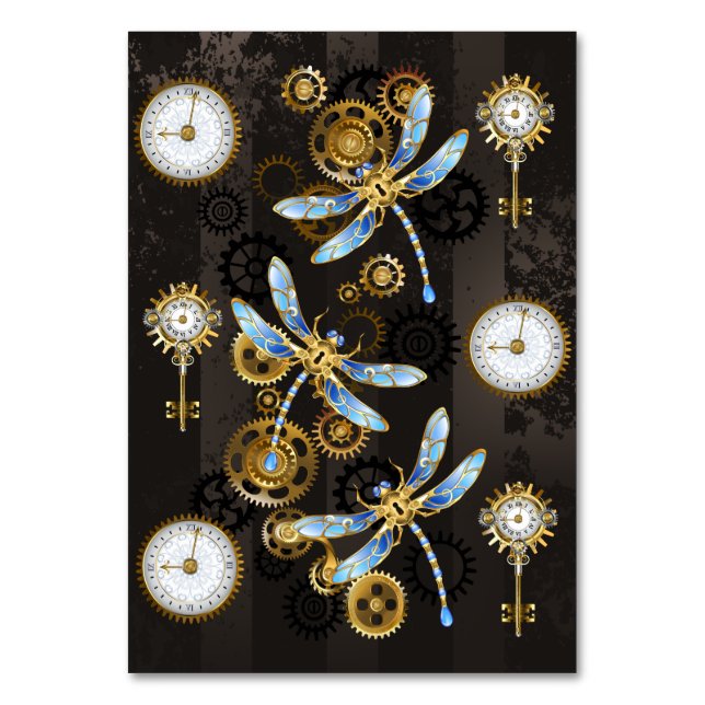 Steampunk Dragonflies on brown striped background Table Number (Front)