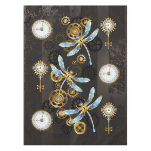 Steampunk Dragonflies on brown striped background Tablecloth