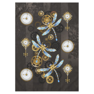 Steampunk Dragonflies on brown striped background Tablecloth