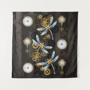 Steampunk Dragonflies on brown striped background Tapestry