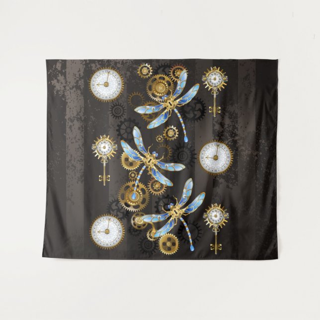 Steampunk Dragonflies on brown striped background Tapestry (Front (Horizontal))